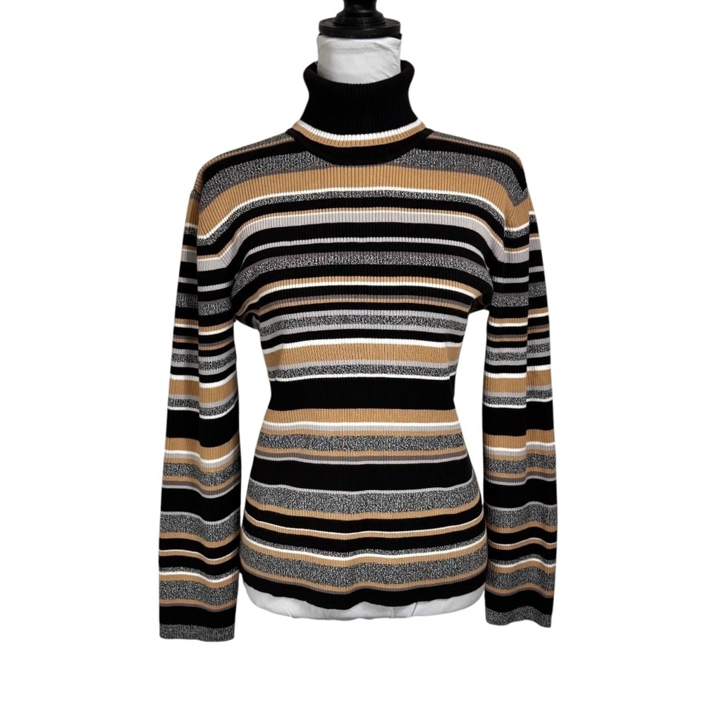 90s Striped Ribbed Knit Turtleneck Sweater Sz XL Chunky Academia Preppy Vintage